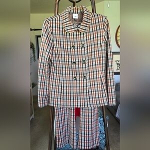 CAbi Plaid Double-Breasted Jacket Cropped Kick Flare Suit - Brown, Black, White